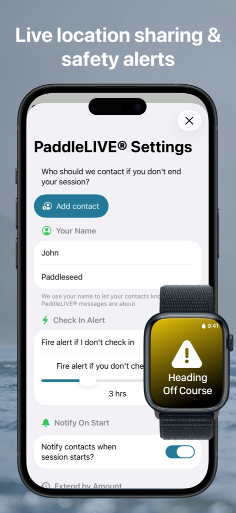 Paddle Logger: SUP & Kayaking - Configuración de PaddleLIVE de la aplicación Paddle Logger en iPhone y alerta de salida de curso en Apple Watch.