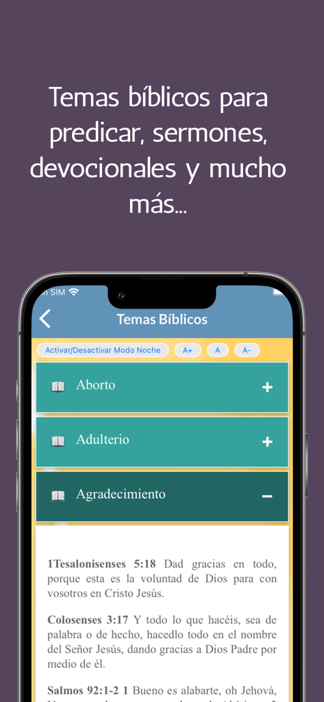Estudios Bíblicos y Biblia - Interfaz de aplicación de estudio bíblico en español que muestra temas bíblicos para predicación y devocionales.