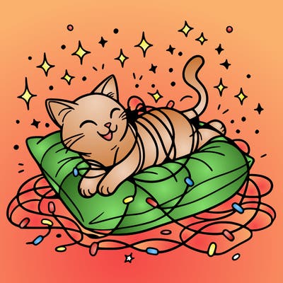a cat happily tangled in glowing lights, lounging on a big cushion, clean lines, simple design, uncomplicated, tatoo desing