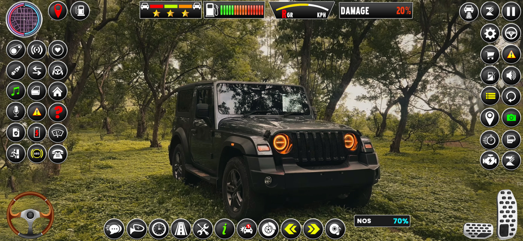 Black SUV in a forest environment with mobile game UI