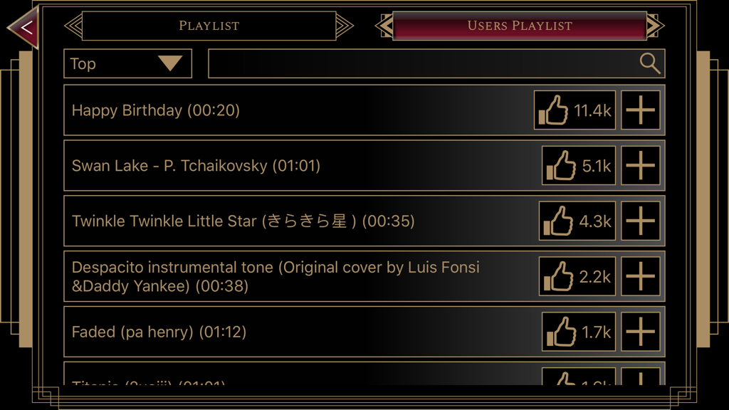 The Best Piano - Tela do aplicativo O Melhor Piano mostrando a playlist de usuários com uma lista de músicas gravadas e contagem de curtidas