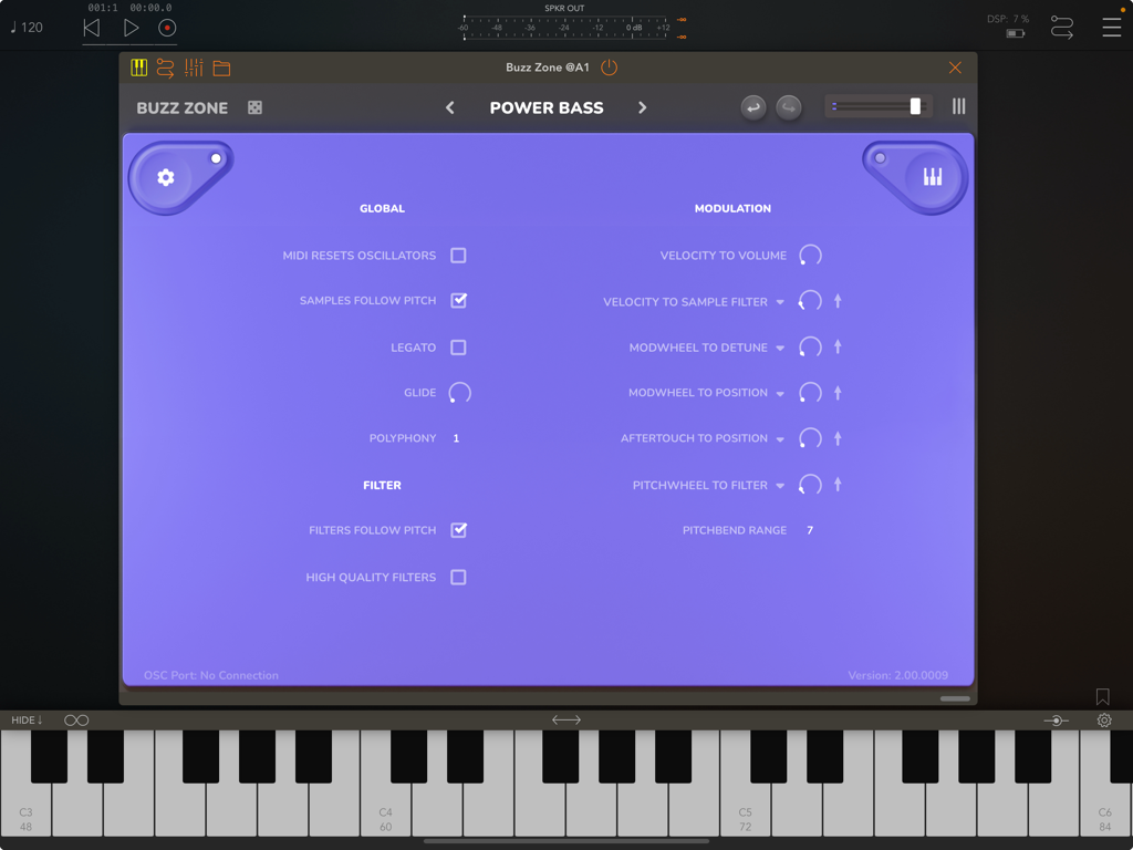 Buzz Zone - Modulation and global settings interface of the Buzz Zone polyphonic synth app on iPad
