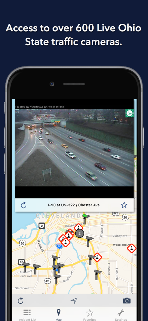 Ohio State Roads app interface showing a live traffic camera feed and a map with incident reports