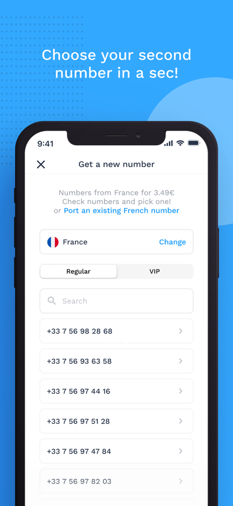 Onoff Numbers - Auswahl einer zweiten Telefonnummer aus einer Liste in der Onoff Numbers-App