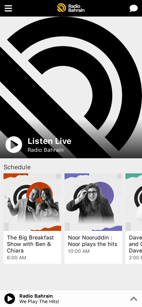 Radio Bahrain - Radio Bahrain app interface featuring the live streaming button and show schedule