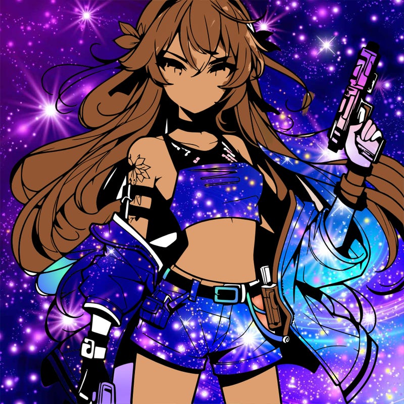 bad girl wearing crop top holding a gun long hair anime