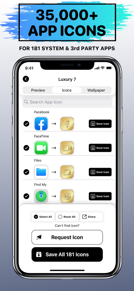 Interfaz de la aplicación X Icon Changer mostrando iconos personalizados de lujo dorados para aplicaciones del sistema y de terceros