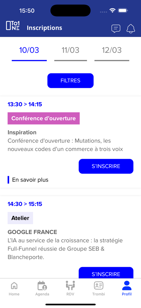 1to1 Retail Ecommerce - Pantalla de registro que muestra la agenda diaria del evento y la inscripción a sesiones para la cumbre 1to1 Retail Ecommerce