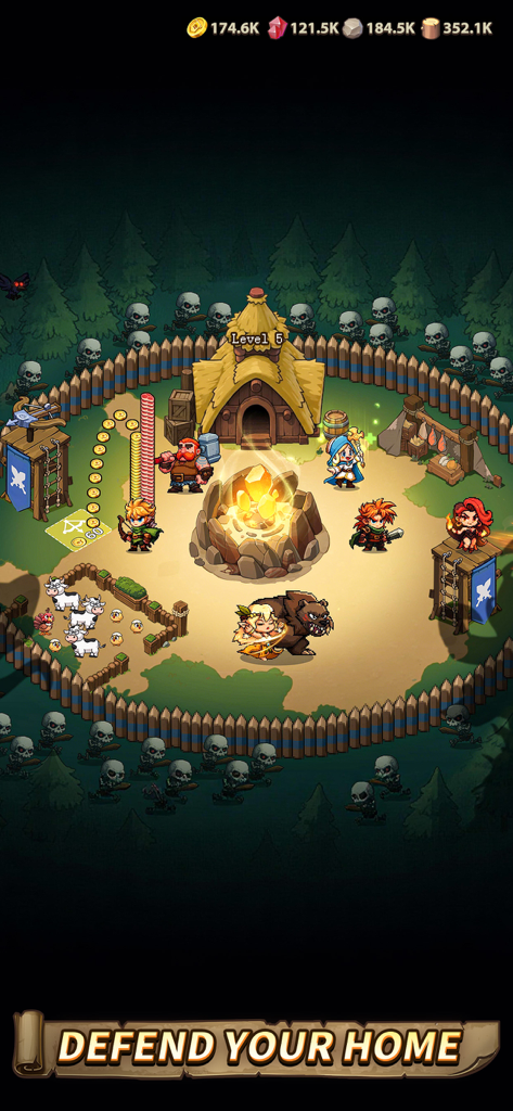 Top Heroes: Kingdom Saga - Heroes in a base camp surrounded by a skeleton army with the caption Defend Your Home.