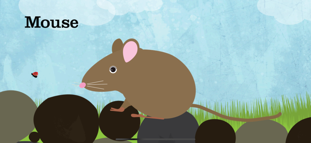 Peekaboo Barn :Peek-a-Zoo Farm - A hand-drawn illustration of a brown mouse on rocks with the text Mouse in a learning app for toddlers