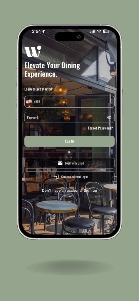 Waitlist: Restaurants Booking - Schermata di accesso per l'app Waitlist con sfondo di un ristorante e opzioni per accedere tramite numero di telefono o email