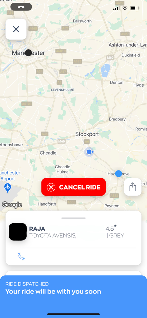 All The Fours - Interface of All The Fours taxi app showing live vehicle tracking on a map with driver details and cancel ride option.