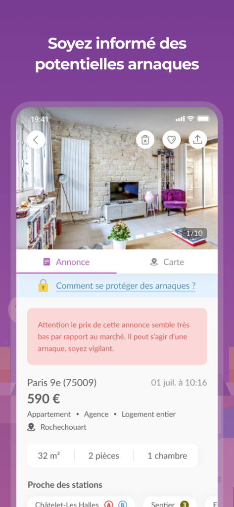 Jinka - Achat & Location Immo - Jinka app interface showing a real estate listing with an integrated scam warning alert for a suspiciously low priced property