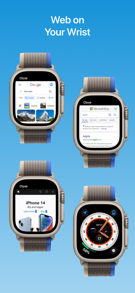 4つのApple Watch Ultraディスプレイに、GoogleとBingの検索結果、およびウェブブラウザショートカット付きのウォッチフェイスが表示されています。