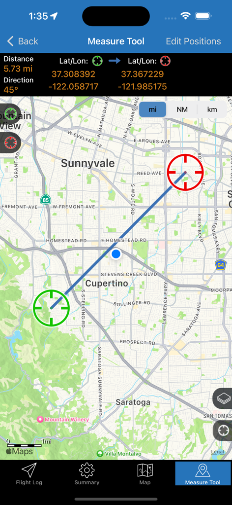 Hot Air - Hot Air app measure tool showing distance and coordinates on a map