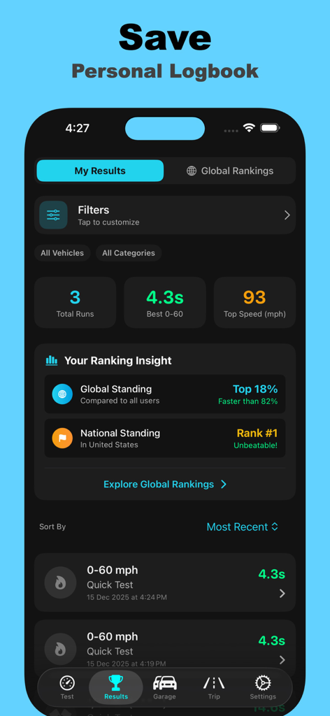 Personal logbook in the Speed Up app showing 0-60 mph test results and ranking insights.