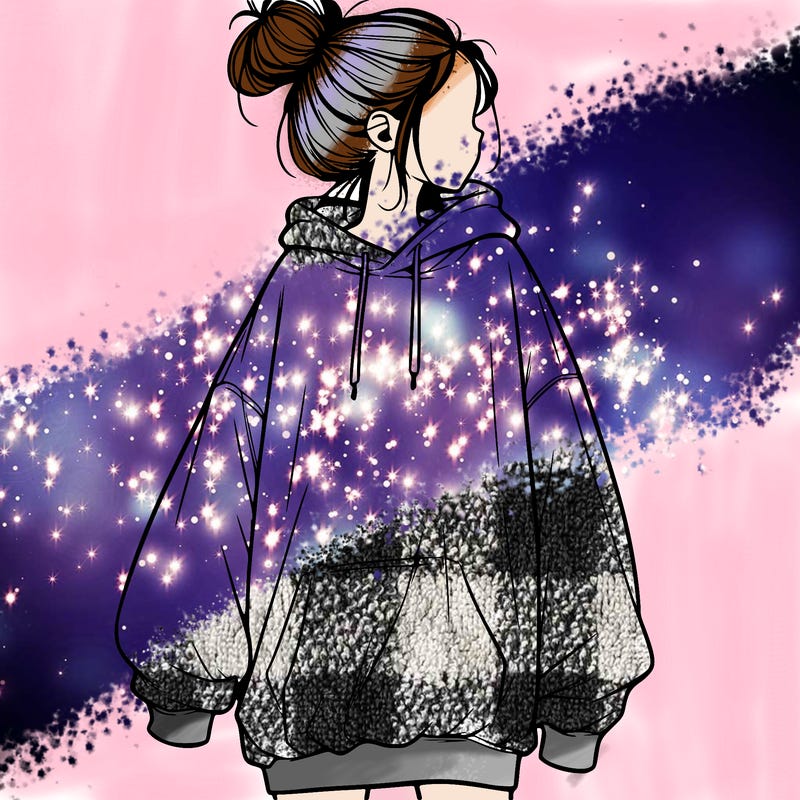 realistic girl with a oversized sweatshirt on and a bun