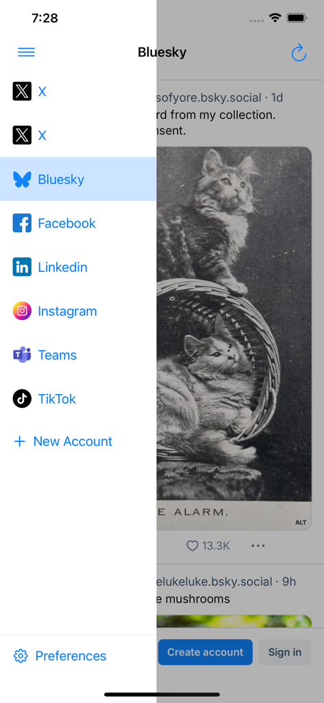 SNS One Pocket - A sidebar menu in the SNS One Pocket app showing icons for X Bluesky Facebook LinkedIn Instagram and TikTok