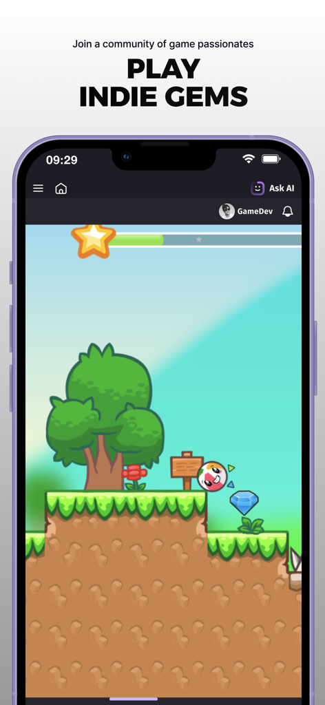 GDevelop mobile app interface showing a 2D indie platformer game with a round character and colorful environment