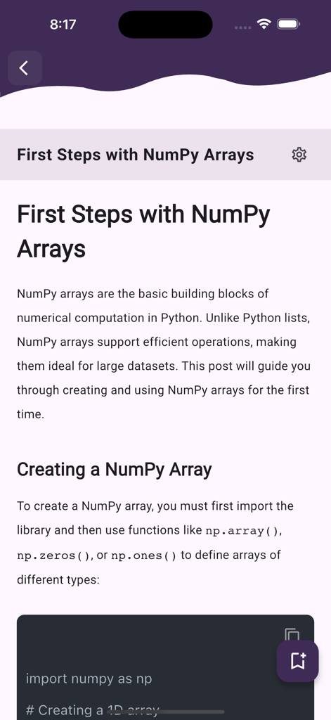 Learn NumPy - Una pantalla de tutorial en la aplicación Learn NumPy titulada Primeros Pasos con Arrays de NumPy que presenta una introducción a la computación numérica en Python.