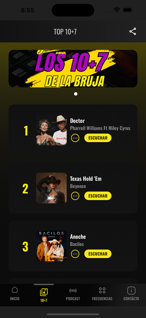 JC Radio La Bruja app screen showing the Top 10+7 music ranking list with song titles and listen buttons