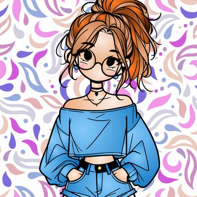 girl with a messy ponytail glasses a baggy crop top and jean shorts
