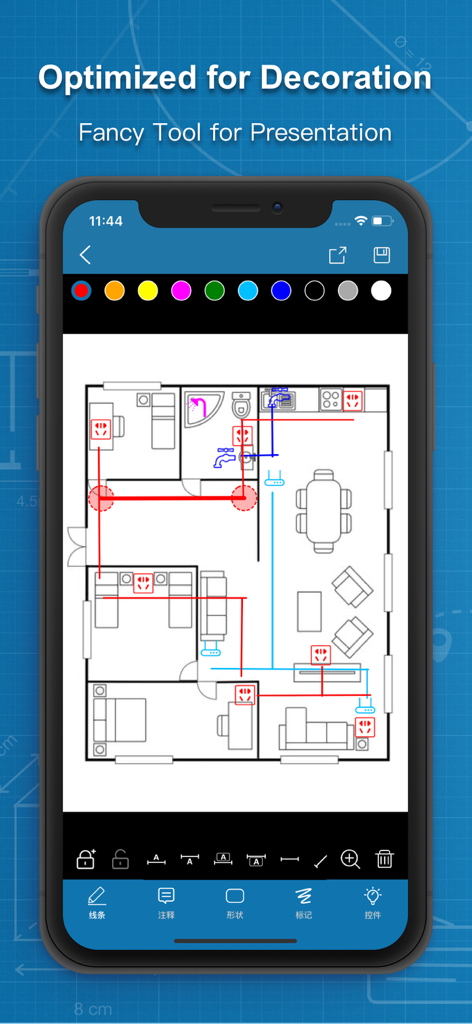 Photos Measure - Image meter - Schermo di iPhone che mostra una planimetria dettagliata con annotazioni a colori e indicatori delle prese elettriche per la decorazione della casa.