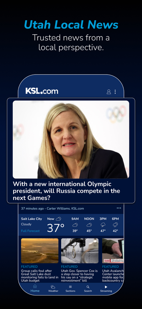 Interfaz de la aplicación KSL.com News Utah que muestra titulares de noticias locales e informes meteorológicos