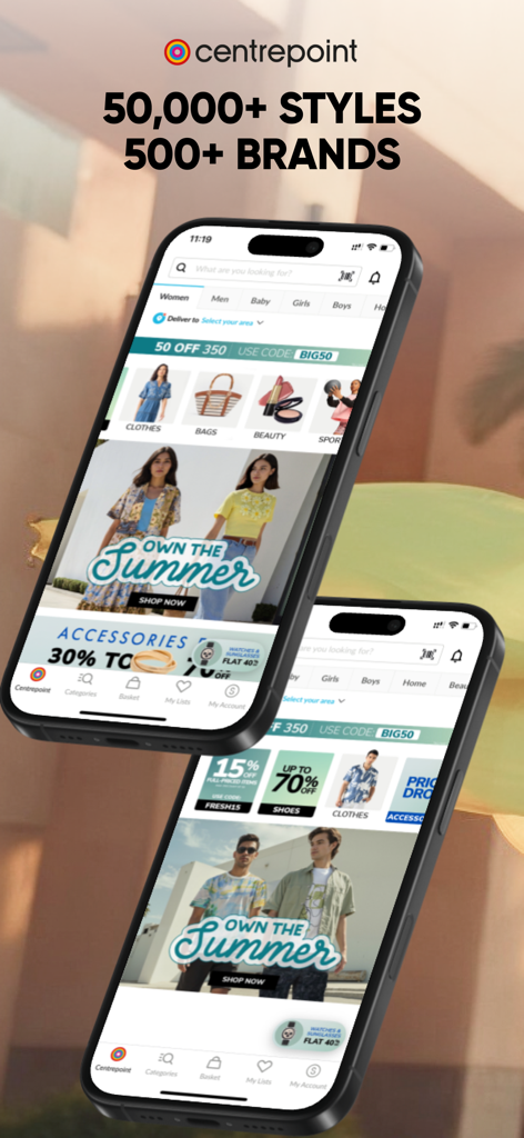 Centrepoint mobile app interface showing various fashion styles brands and seasonal discounts