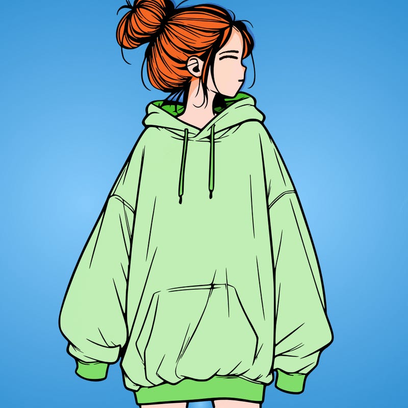 realistic girl with a oversized sweatshirt on and a bun