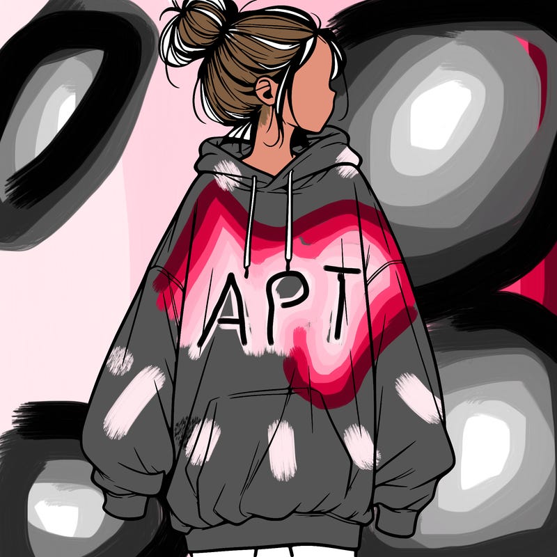 realistic girl with a oversized sweatshirt on and a bun