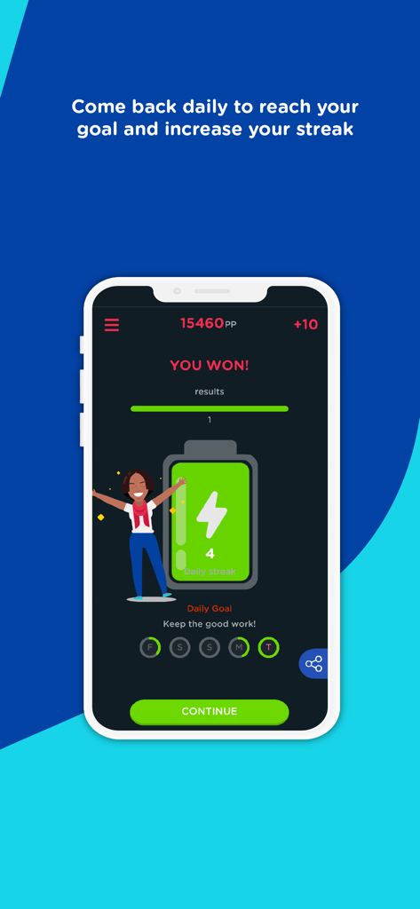 English with Tiffani - Pantalla de la aplicación English with Tiffani que muestra una racha de 4 días y puntos ganados por alcanzar un objetivo diario.