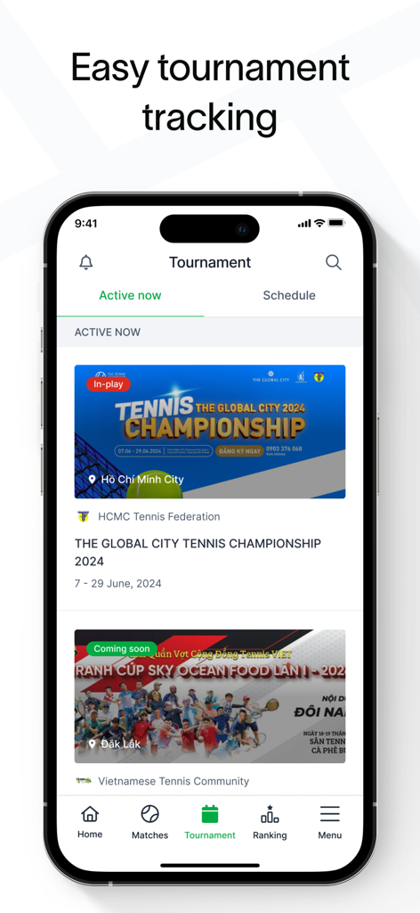 Baseline - Tennis & Pickleball - 日付と場所を示すアクティブなテニストーナメントのリストが表示されているモバイルアプリの画面