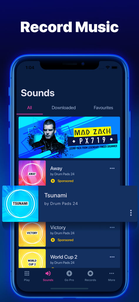 Electro by Drum Pads 24 - Interfaz de la biblioteca de sonidos de la aplicación Electro by Drum Pads 24 mostrando paquetes de sonidos EDM disponibles para grabar