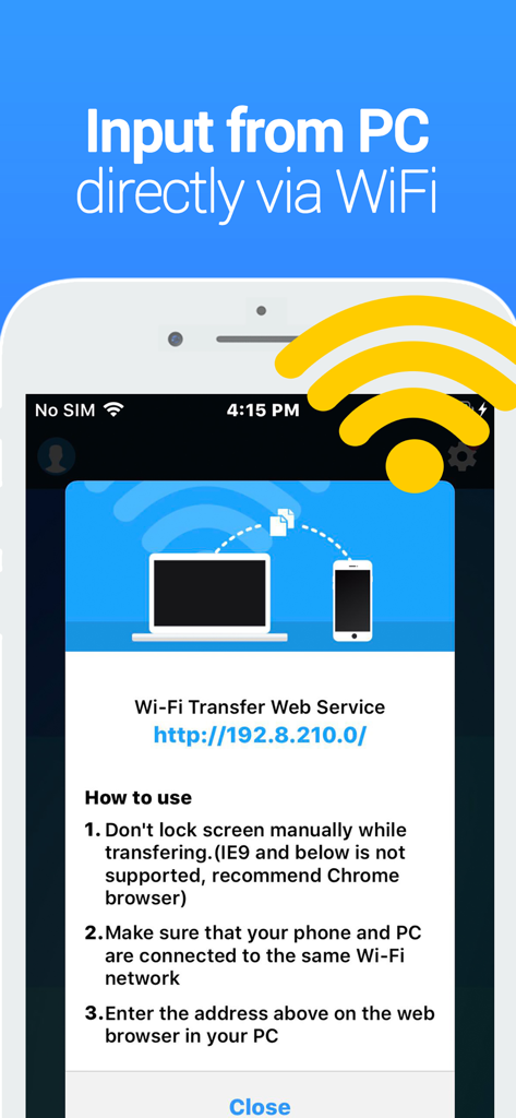 Wi-Fi経由でVaultアプリにPCからファイルを転送するための手順画面。