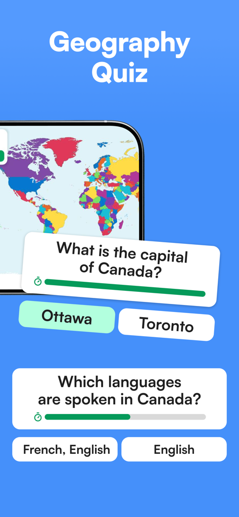 StudyGe geography quiz app showing trivia questions about Canada and a world map