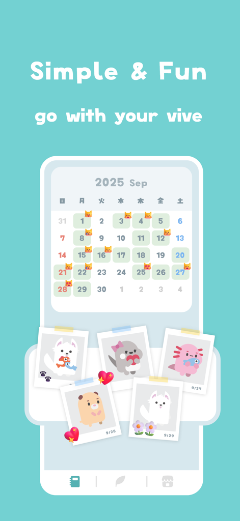 Chat Journal - Self care mind - App interface showing a monthly calendar with cat icons and collectible photos of cute animal characters