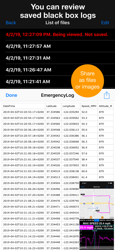App interface showing saved GPS black box logs with speed and location data.
