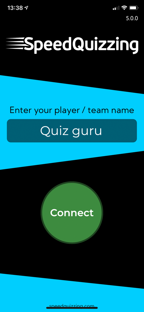 Pantalla de la aplicación SpeedQuizzing para introducir el nombre de un jugador o equipo y conectarse a un evento de trivia en vivo