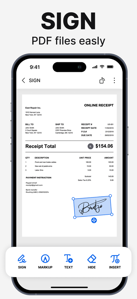 PDF Scanner App: Docs Scan - Una interfaz móvil mostrando la herramienta de firma utilizándose para firmar un recibo digital en la App Escáner PDF.