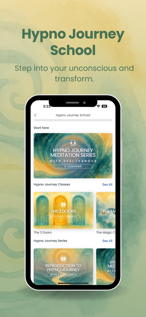 Interface de l'application Meditation School montrant les cours de Hypno Journey School par Desi Ivanova