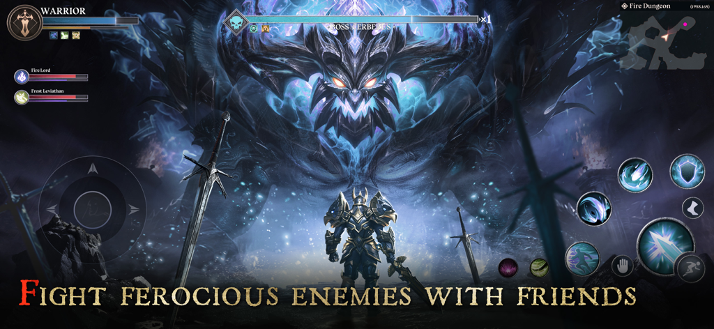 A warrior character facing a giant demonic boss named Cerberus in the game Dungeon Hunter 6