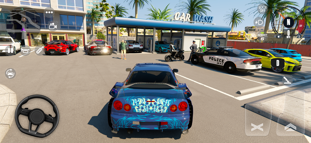 Street Racing EVO : Car & Moto - Gameplay of Street Racing EVO featuring customized cars and a police vehicle in an open world city parking lot near a car wash
