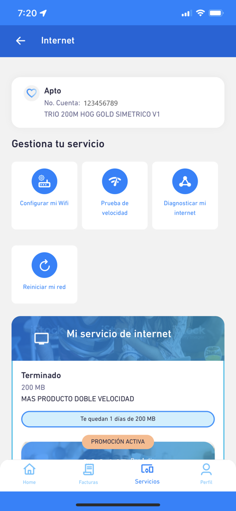 Mi ETB - Interface de l'application mobile Mi ETB montrant les options de gestion Internet, y compris le test de vitesse de configuration WiFi et les diagnostics réseau