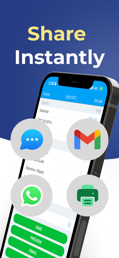 Work Order Maker app interface showing instant sharing options via message, email, WhatsApp, and print.