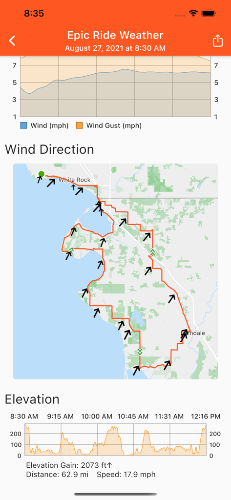 Epic Ride Weather - Epic Ride Weather app showing wind direction arrows on a route map and elevation profile