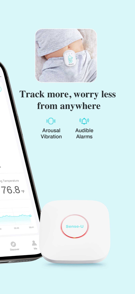 Sense-U Baby - Sense-U Baby monitoring system with app interface and wearable sensor showing arousal vibration and audible alarm features