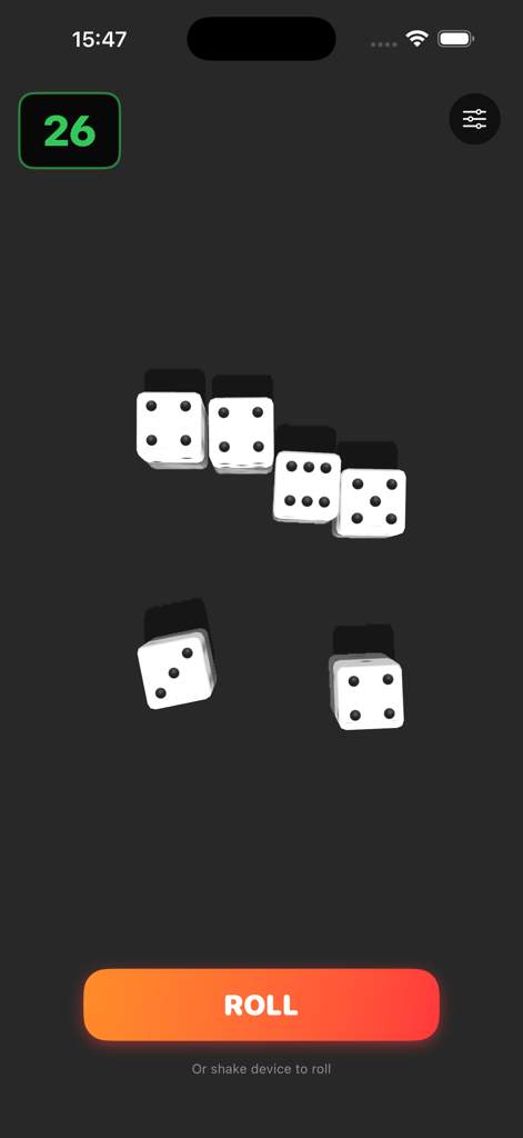 Pocket Dice - 3D Roll - Interfaz de la aplicación móvil Pocket Dice 3D Roll que muestra seis dados y una puntuación total calculada automáticamente de 26.