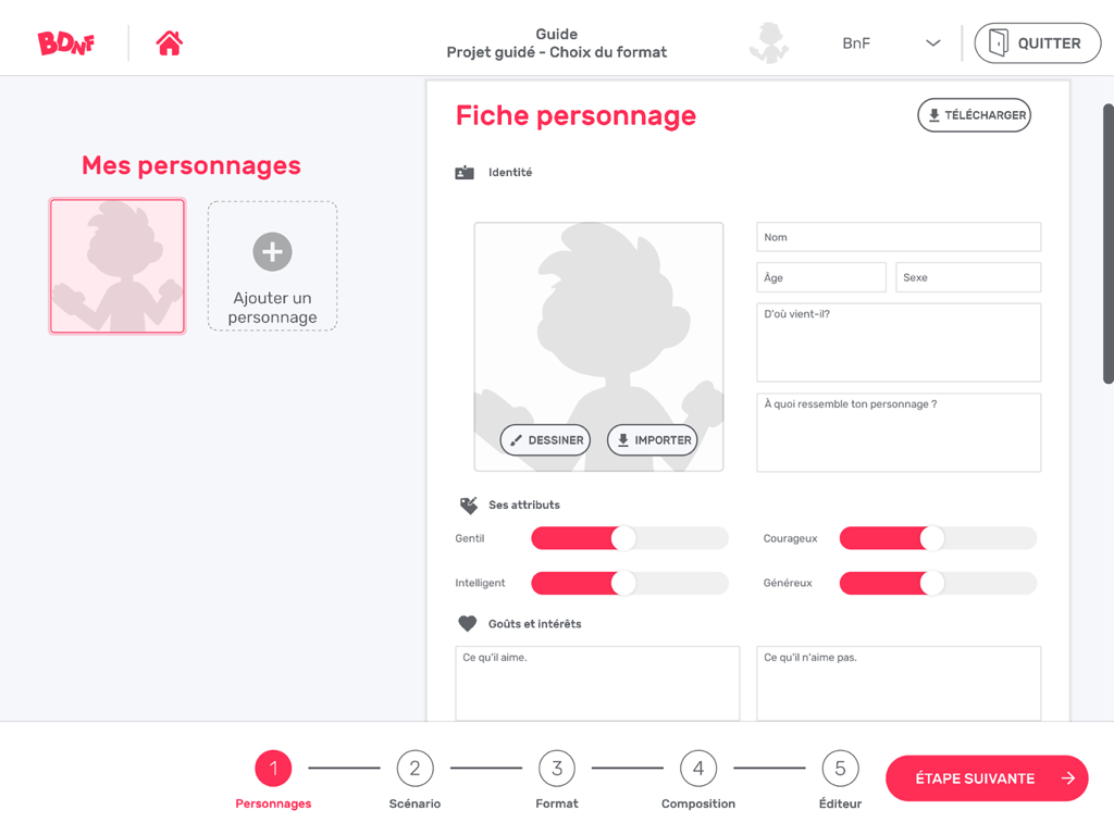 BDnF - the comics factory - Un écran de création de profil de personnage dans l'application BDnF avec des champs pour le nom, l'âge et les traits de personnalité