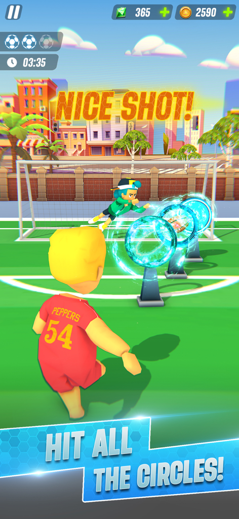 Soccer Star - Flick Football - 赤いジャージの選手がモバイルゲームで、光る青いターゲットサークルを通り抜けるサッカーボールを蹴っている